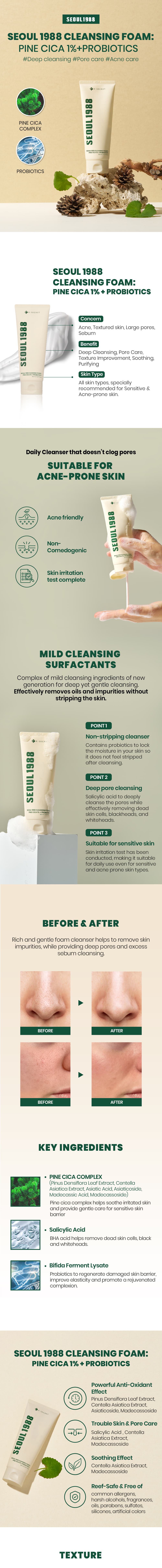 SEOUL 1988 Cleansing Foam Pine Cica 1% + Probiotics — detalle 1